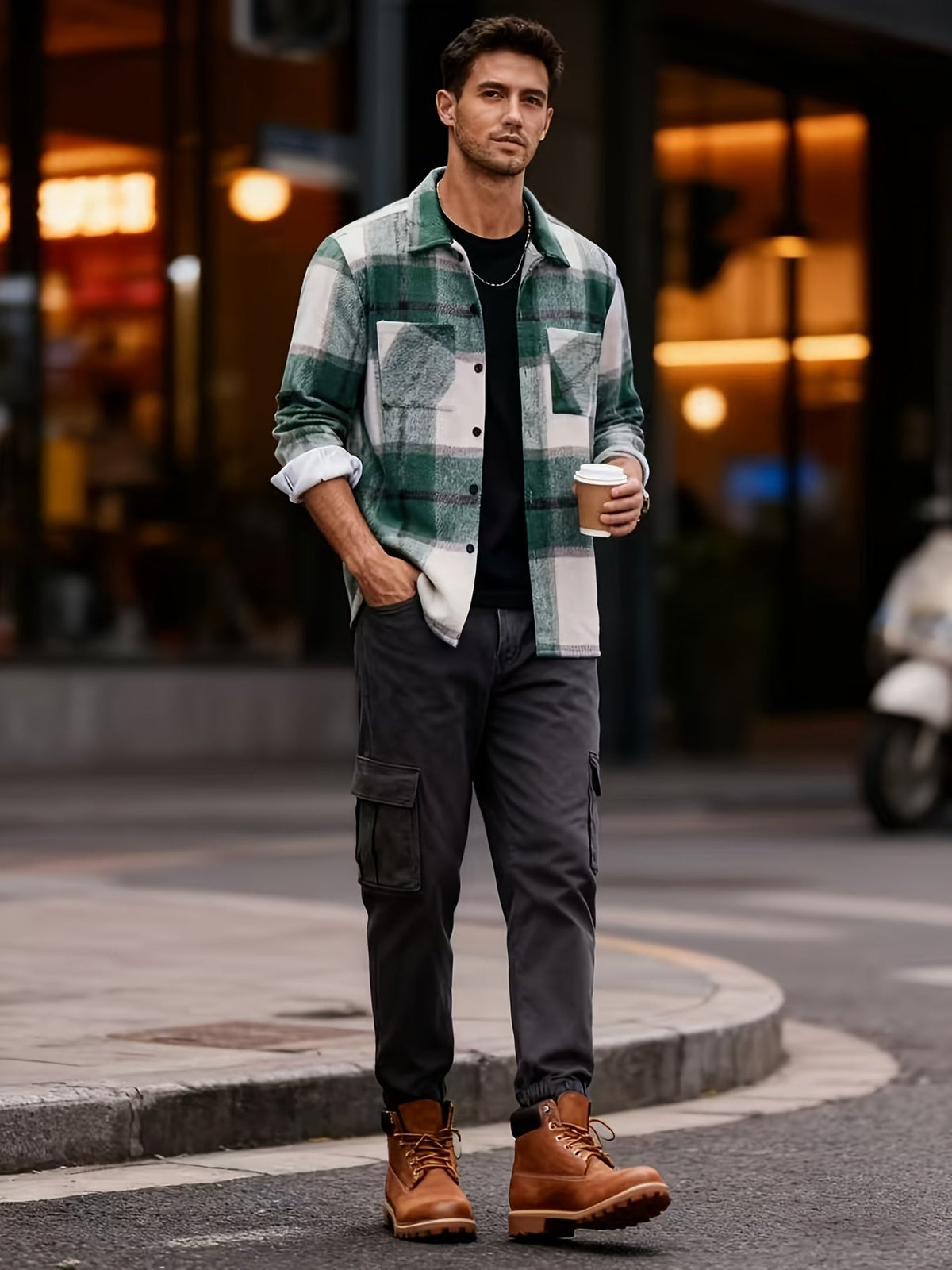 Check Pattern Button Front Overshirt with Dual Chest Pockets and Adjustable Cuffs