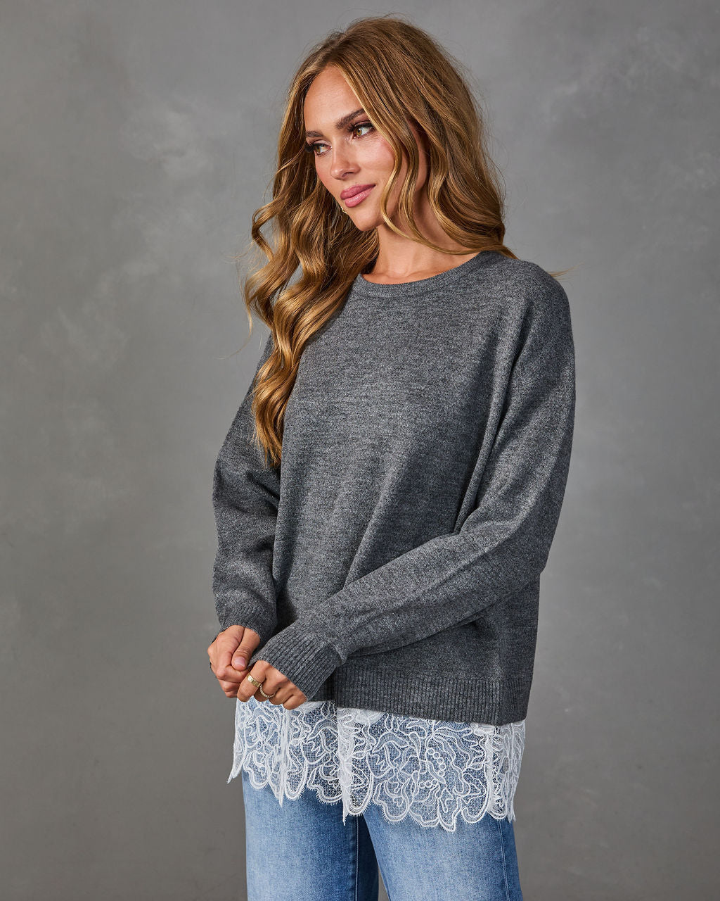 Womens Knit Sweater with Contrast Lace Hem and Ribbed Trim