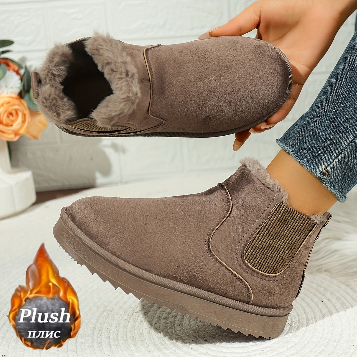 Platform Ankle Boots with Elastic Side Panels and Plush Lining, Textured Grip Sole