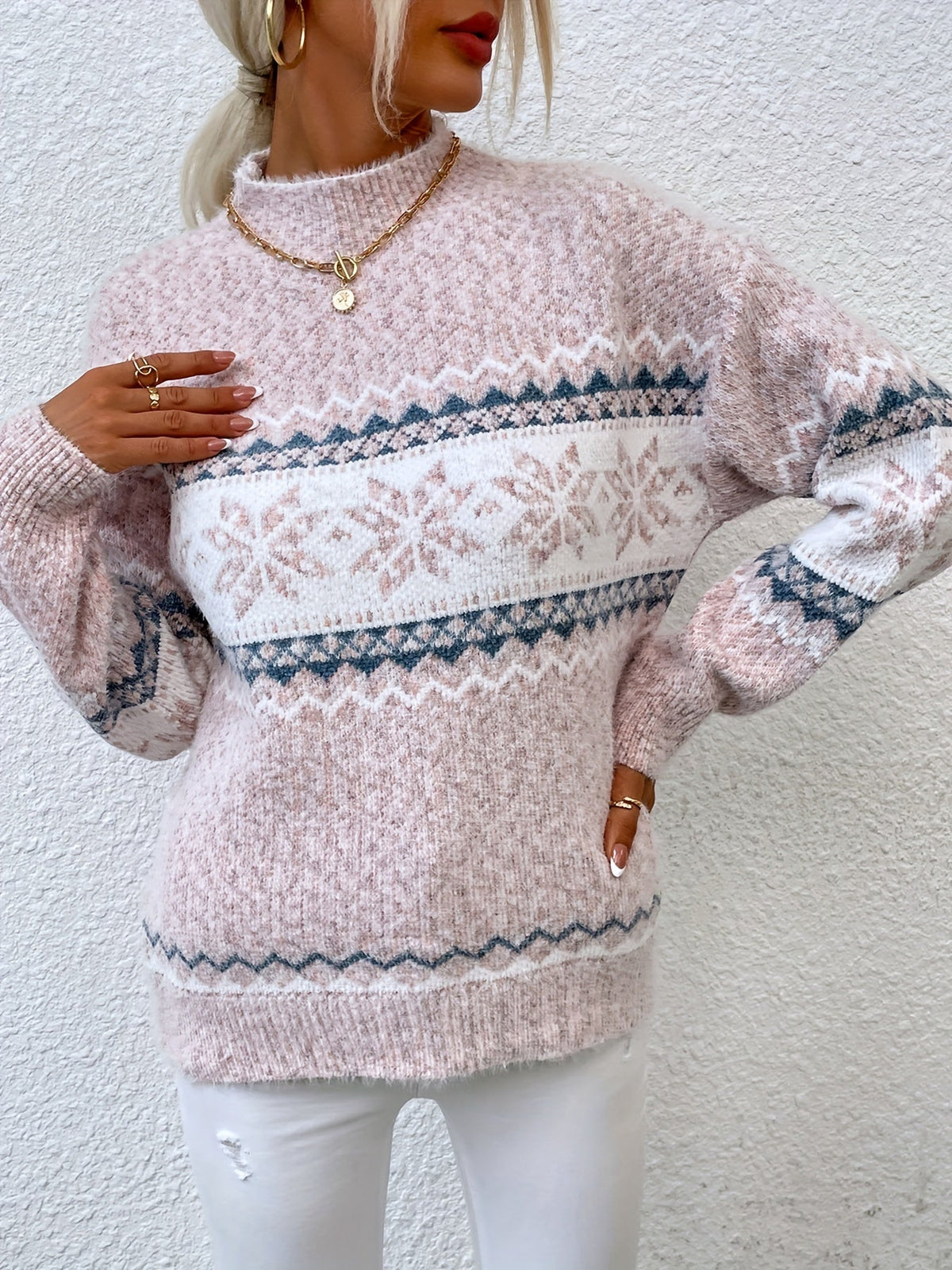 Mock Neck Sweater with Snowflake Knit Pattern and Relaxed Fit