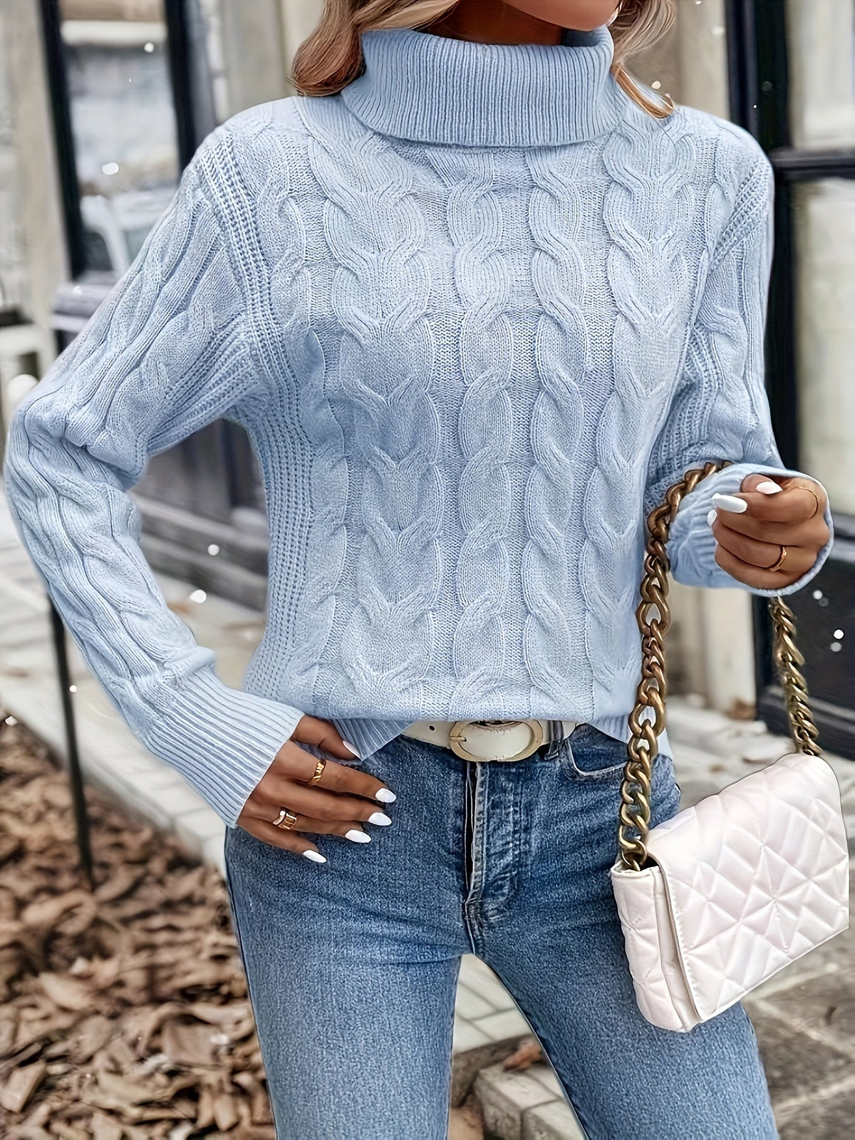 Cable Knit Turtleneck Sweater with Relaxed Fit and High Roll Neck