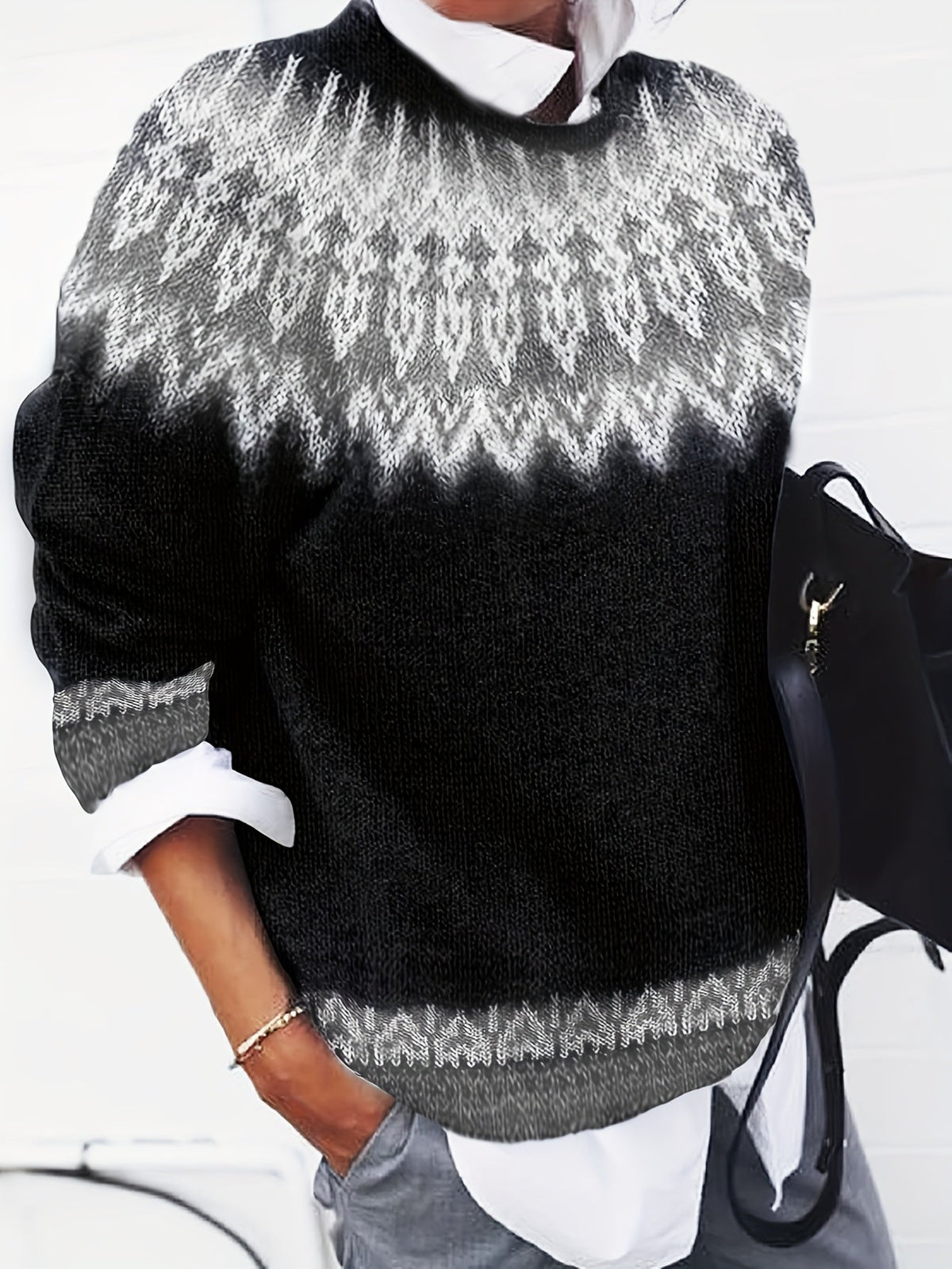 Chunky Jacquard Knit Sweater with Round Neck and Ribbed Cuffs, Hip Length