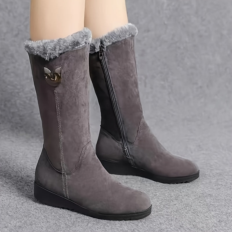 Mid Calf Winter Boots with Anti Slip Sole and Plush Lining, Slip On