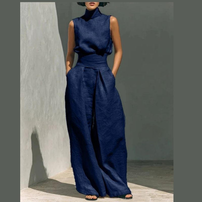 Womens Minimalist Linen Two Piece Set, Elegant Mock Neck Sleeveless Top and Wide Leg Pants Outfit, Vintage Casual Matching Suit