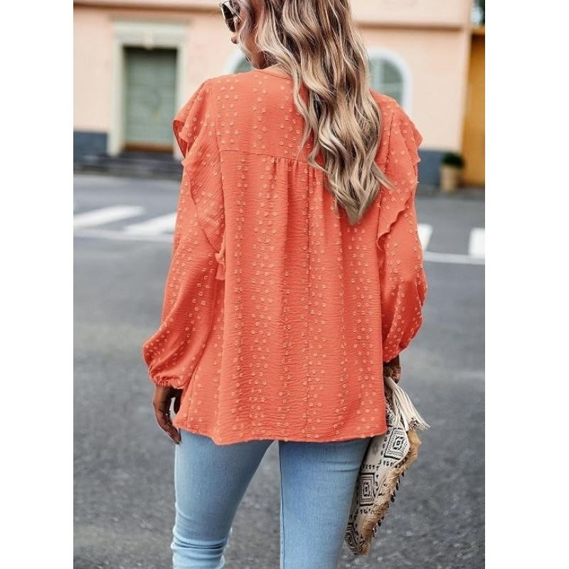 Womens Long Sleeve Shirts, Ruffle Swiss Dot Crochet Loose Fit Tunic, Dressy Casual Tops Blouse, Spring Fashion