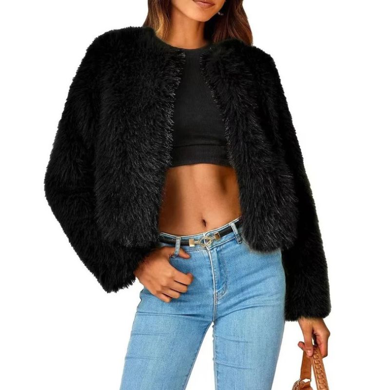 Womens Cropped Faux Fur Jacket, Fluffy Shaggy Long Sleeve Short Coat