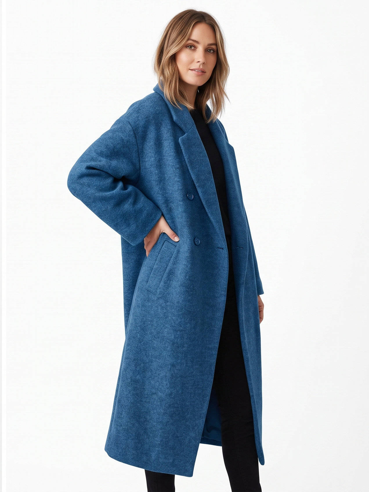 Womens Long Wool Coat, Double Breasted, Notch Lapel Winter Trench Coat