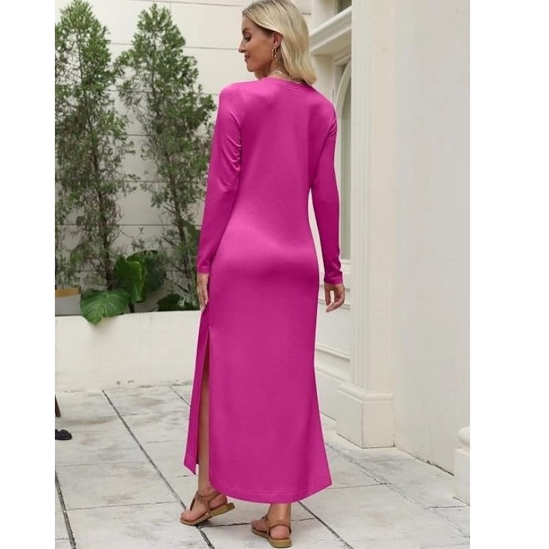 Women’s Long Sleeve Casual Maxi Work Dress, Loose Fit Split Style