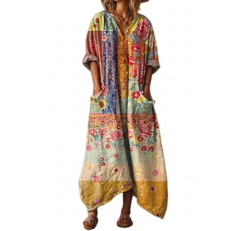 Womens Cotton Maxi Dress, Boho Print Front Pocket Casual Summer Dress