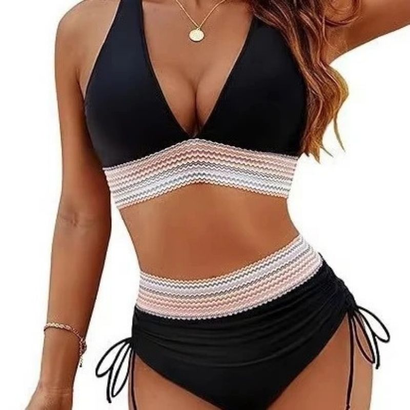 Womens High Waisted Bikini, Chevron Textured Trim Two Pieces Swimsuit, Ruched Drawstring Bathing Suit