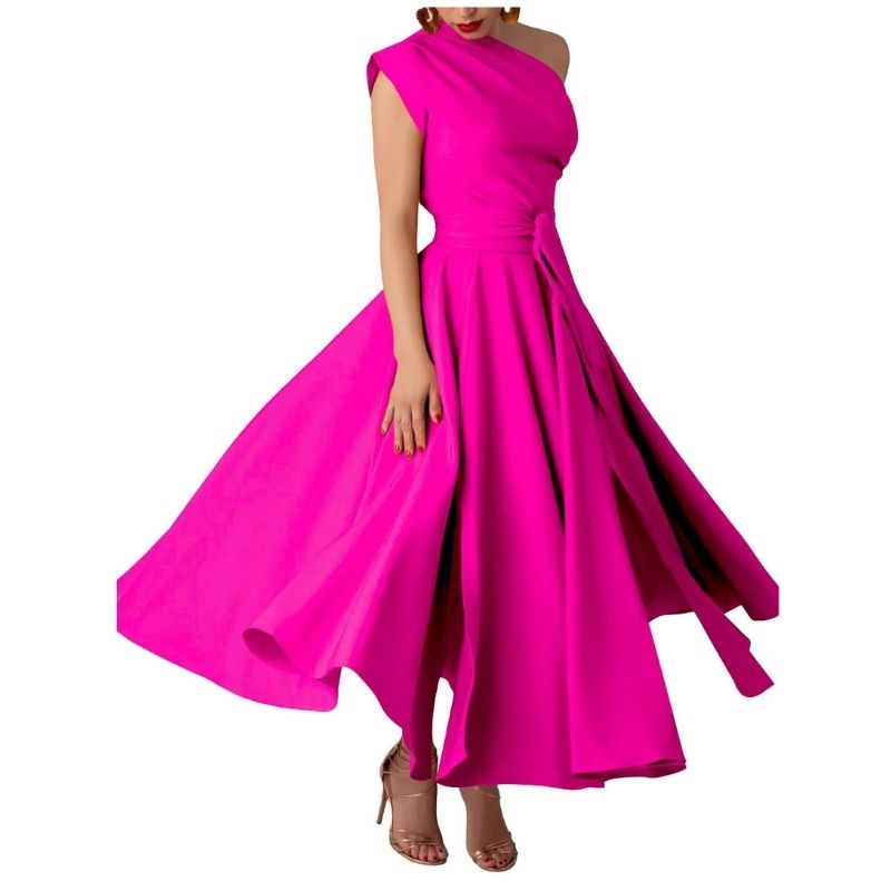 Womens One Shoulder Belted Maxi Dress, Elegant Formal Wedding Guest Dress with Pockets