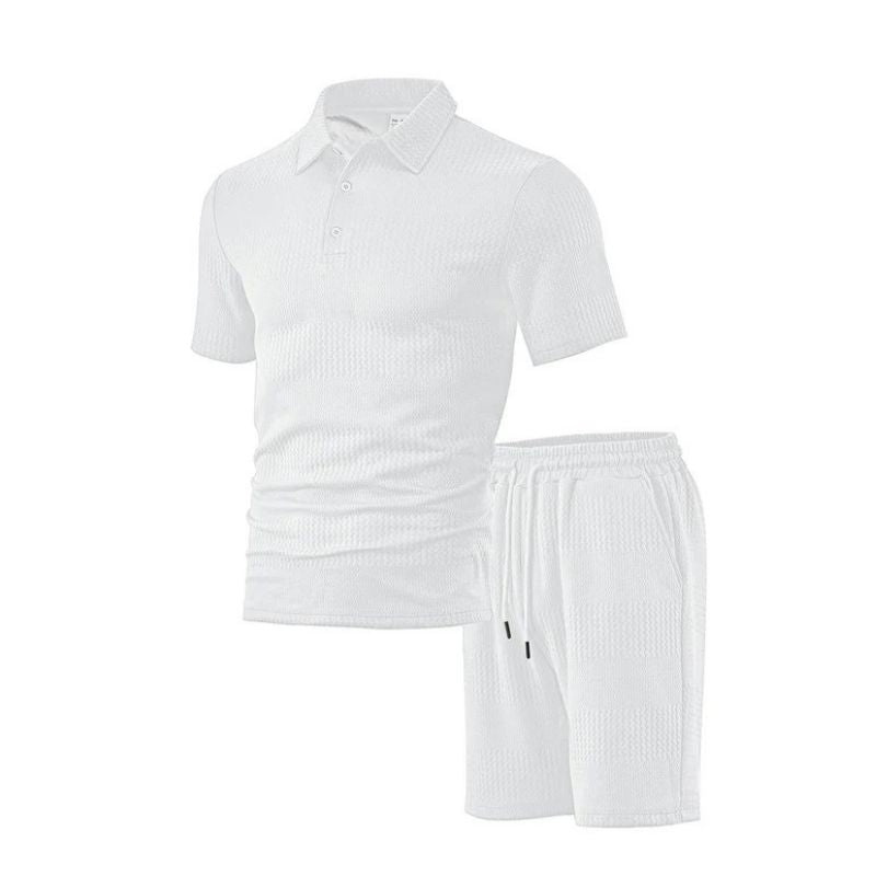 Mens Knitted Polo and Shorts Set, Vintage Casual Two Piece Outfits, Short Sleeve Textured Tracksuit