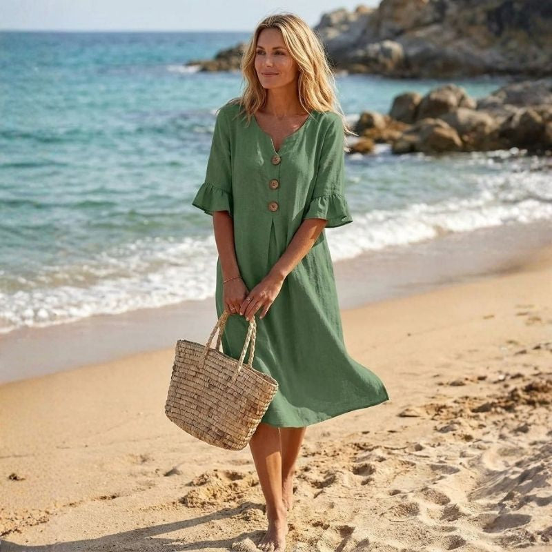 Womens Summer Dress, Ruffle Short Sleeve V Neck Midi Dress, Casual Lightweight Beach Sundress