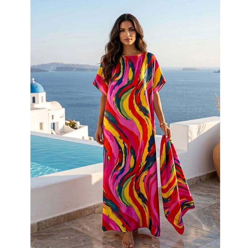 Moomoo Dresses for Women, Bohemian Printed Long Dress and Scarf Set Beach Vacation Matching Outfit