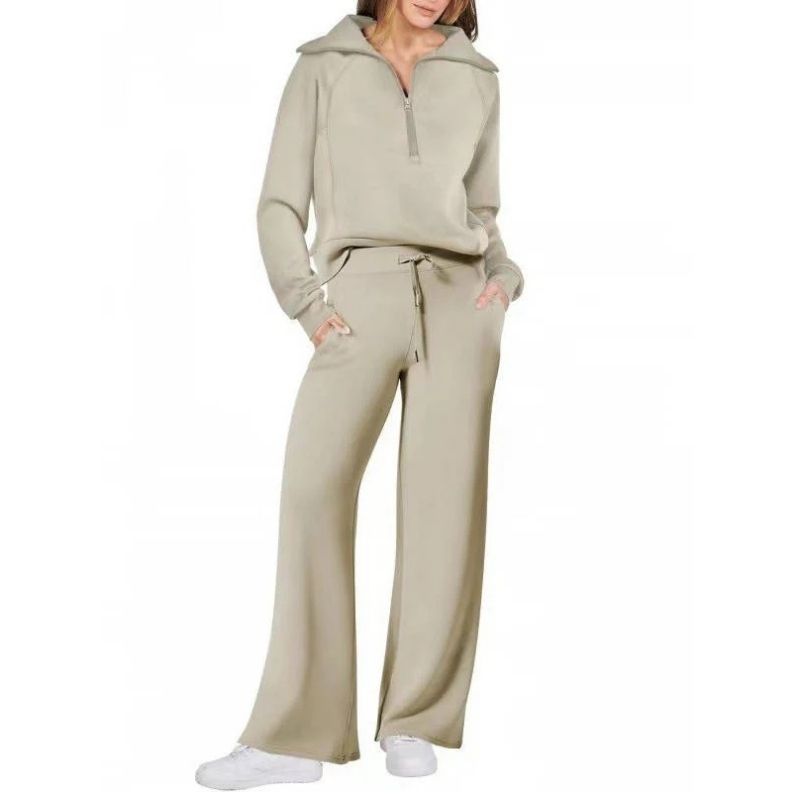 Womens 2 Piece Outfits, Casual Lapel Half Zip Sweatshirt and Wide Leg Pants Tracksuit Set