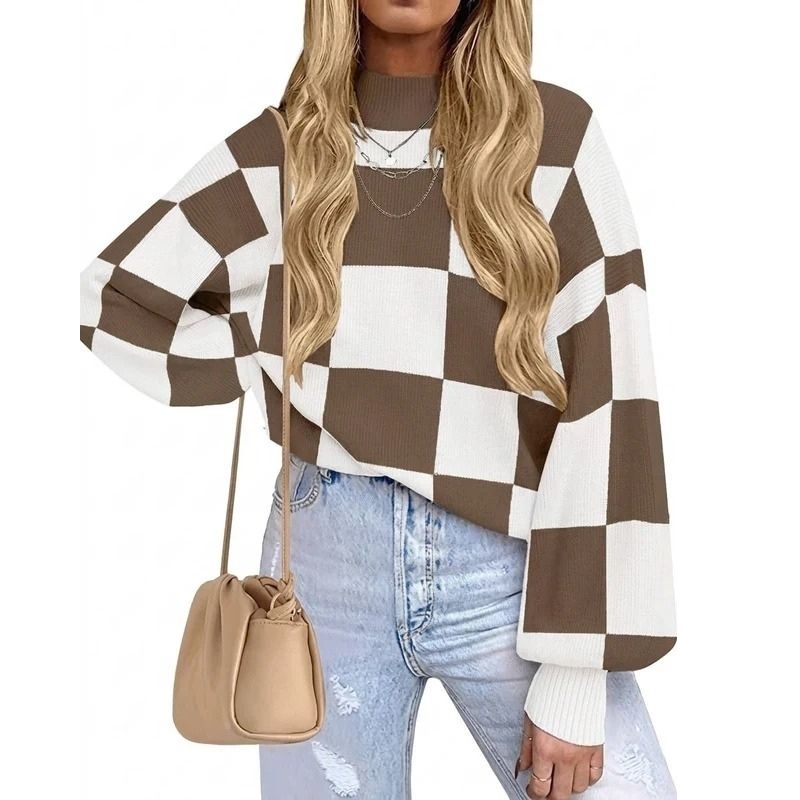 Womens Checkerboard Turtleneck Sweater - Ribbed Knit Loose Fit Pullover