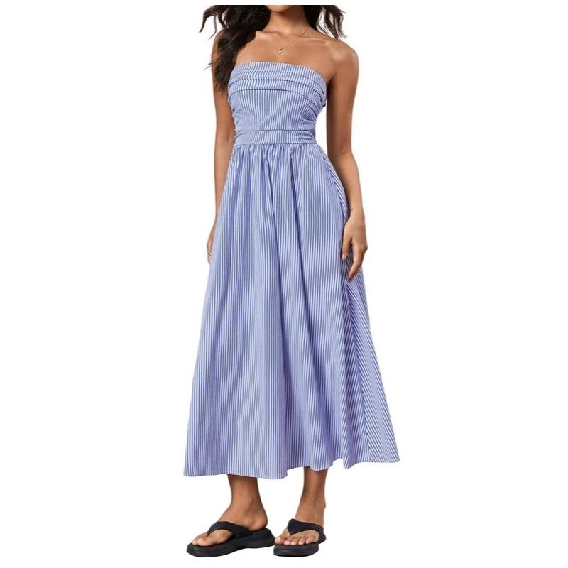 Womens Striped Strapless Maxi Dress, Casual Tube Top Summer Dress with Pockets