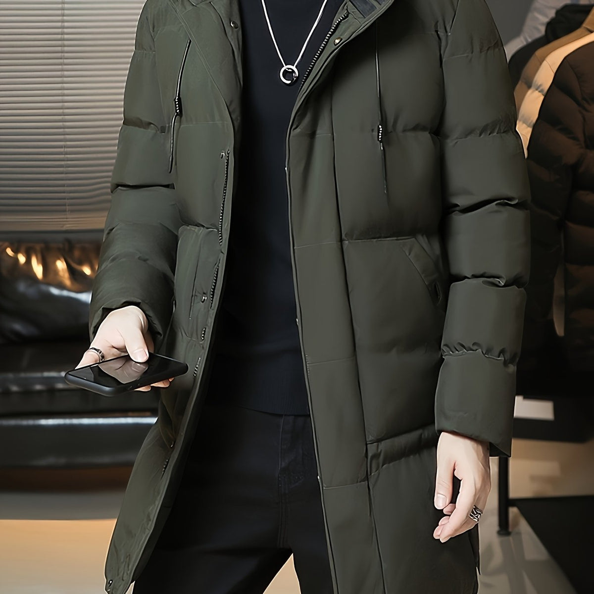 Insulated Longline Hooded Coat with Full-Length Zipper and Adjustable Hood