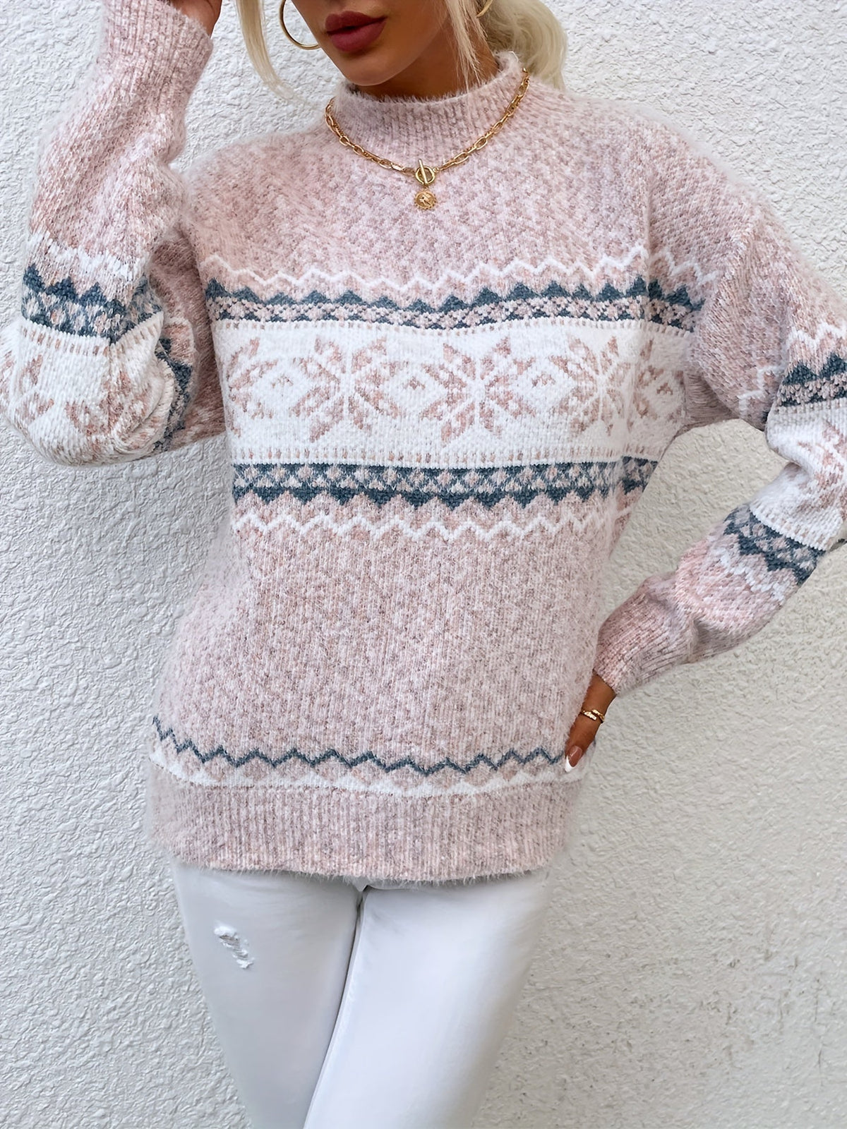 Mock Neck Sweater with Snowflake Knit Pattern and Relaxed Fit