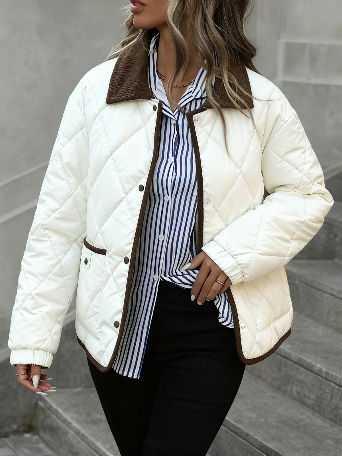 Diamond-Quilted Padded Jacket with Button Front and Relaxed Fit, Contrast Trim