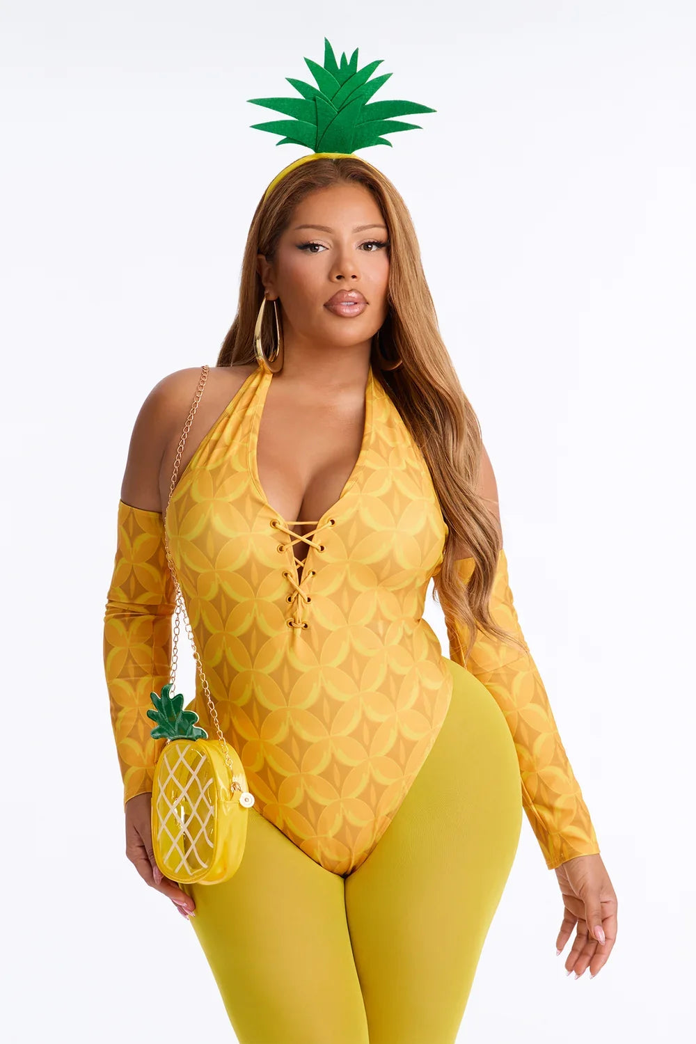 Five Piece Yellow Costume Set with Bodysuit, Leggings and Pineapple Bag