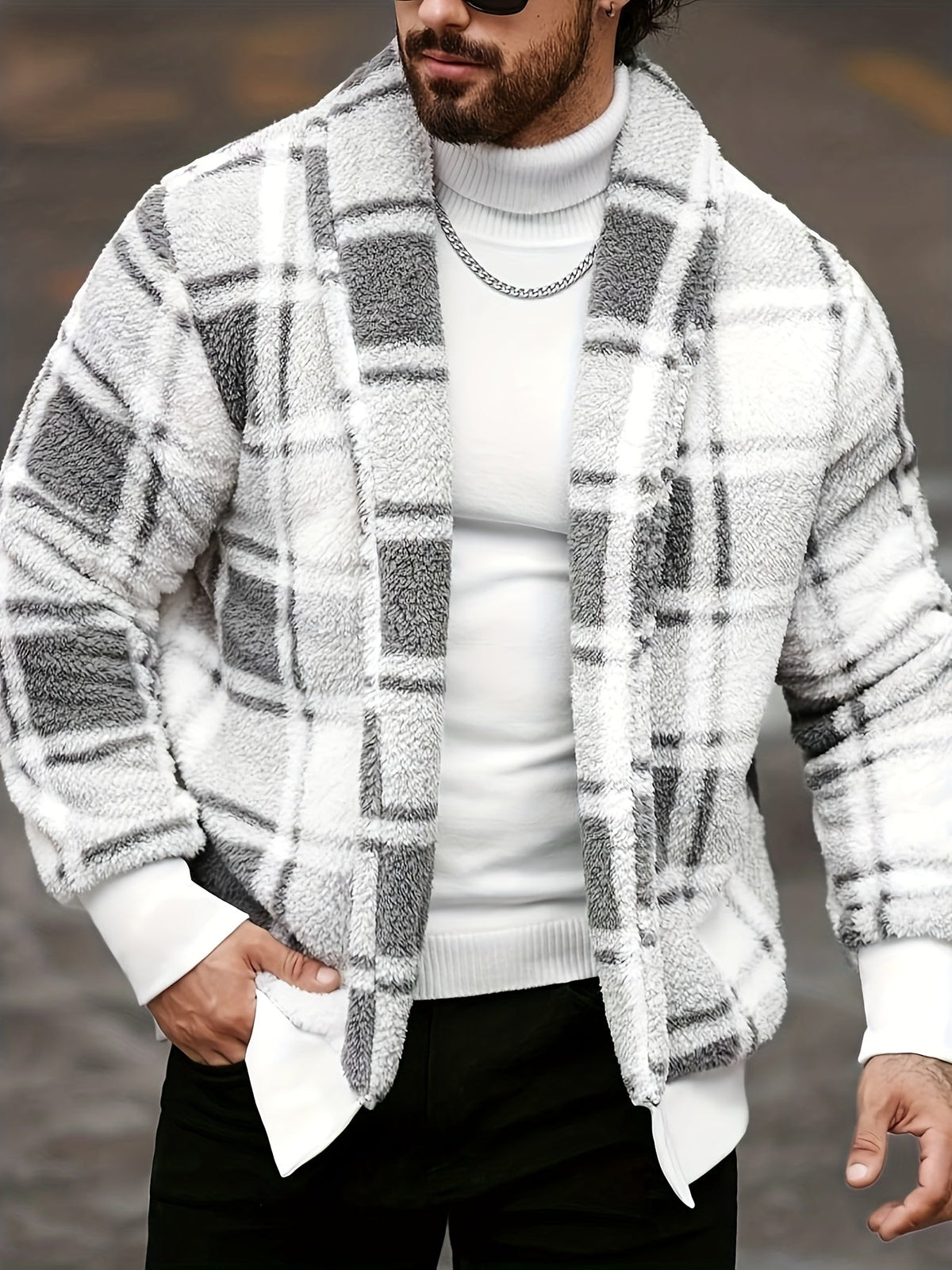 Checked Button Front Jacket with Relaxed Fit and Soft Fabric