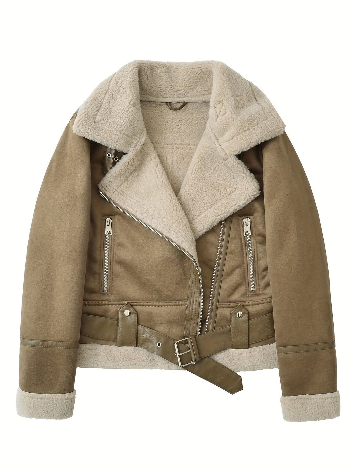 Aviator Jacket with Adjustable Waist Belt and Plush Lined Collar, Zippered Pockets