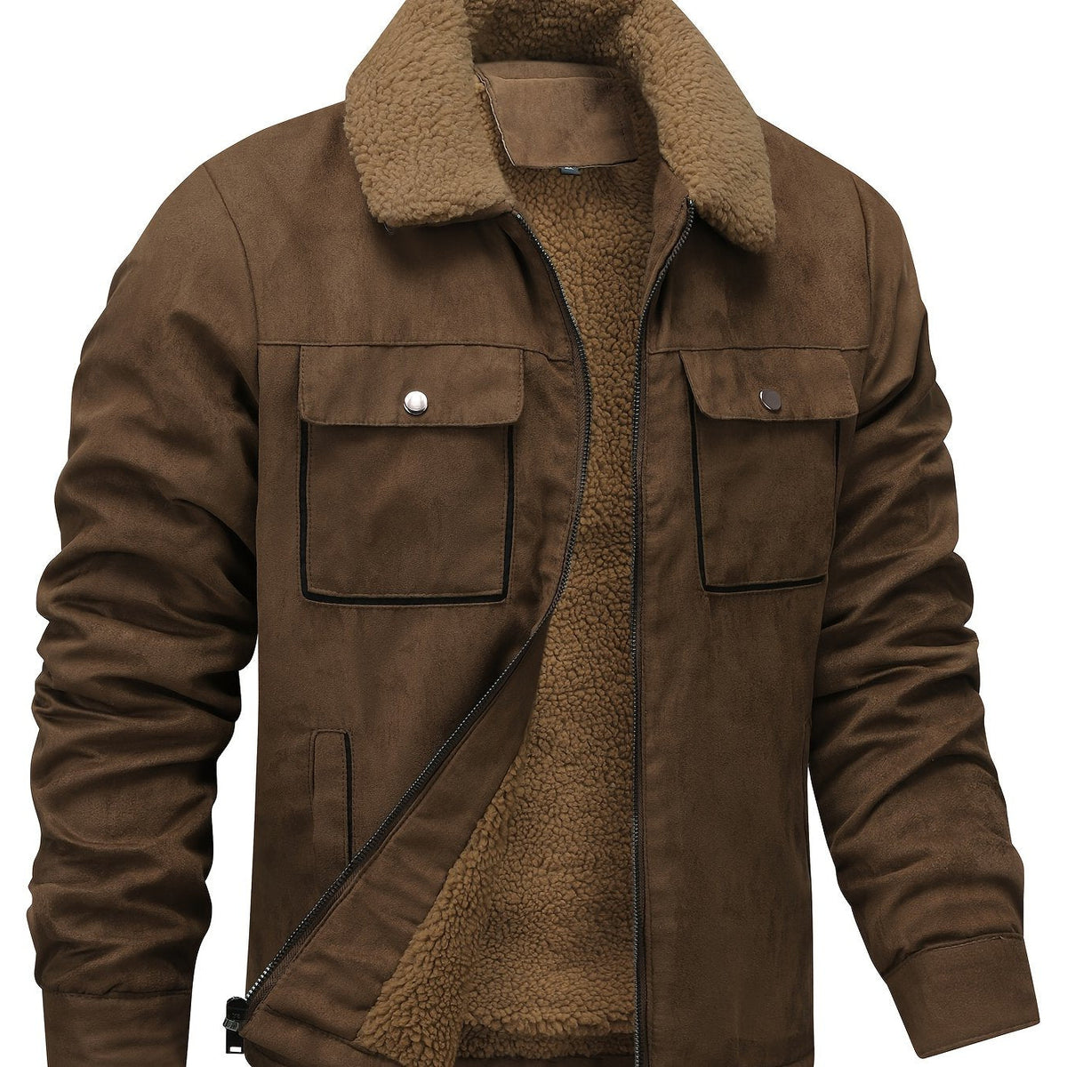 Winter Jacket with Plush Fleece Lining and Full Length Zipper, Structured Collar