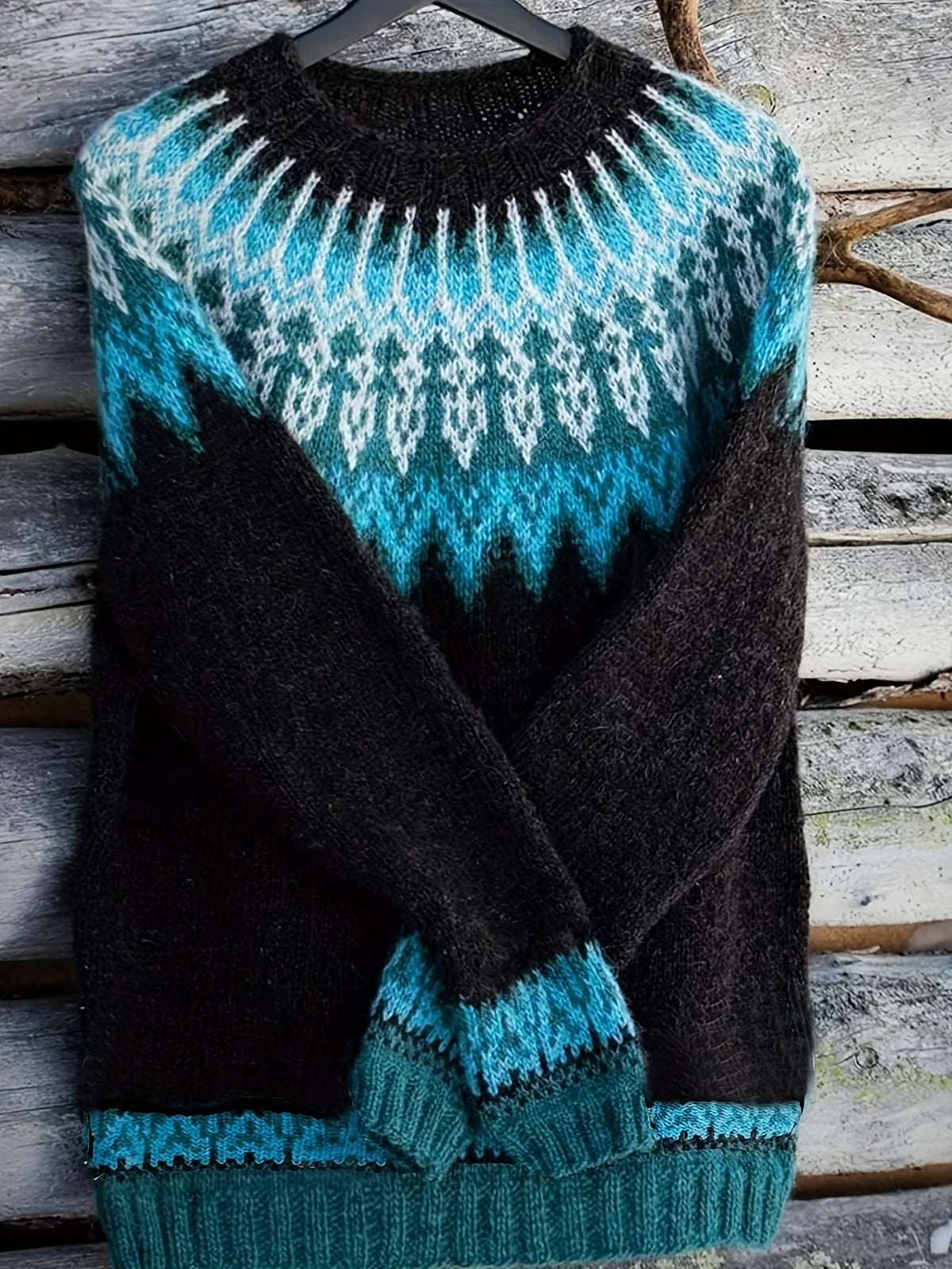 Chunky Jacquard Knit Sweater with Round Neck and Ribbed Cuffs, Hip Length