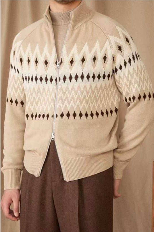 Zip Cardigan with Fair Isle Geometric Pattern and High Collar, Thick Knit