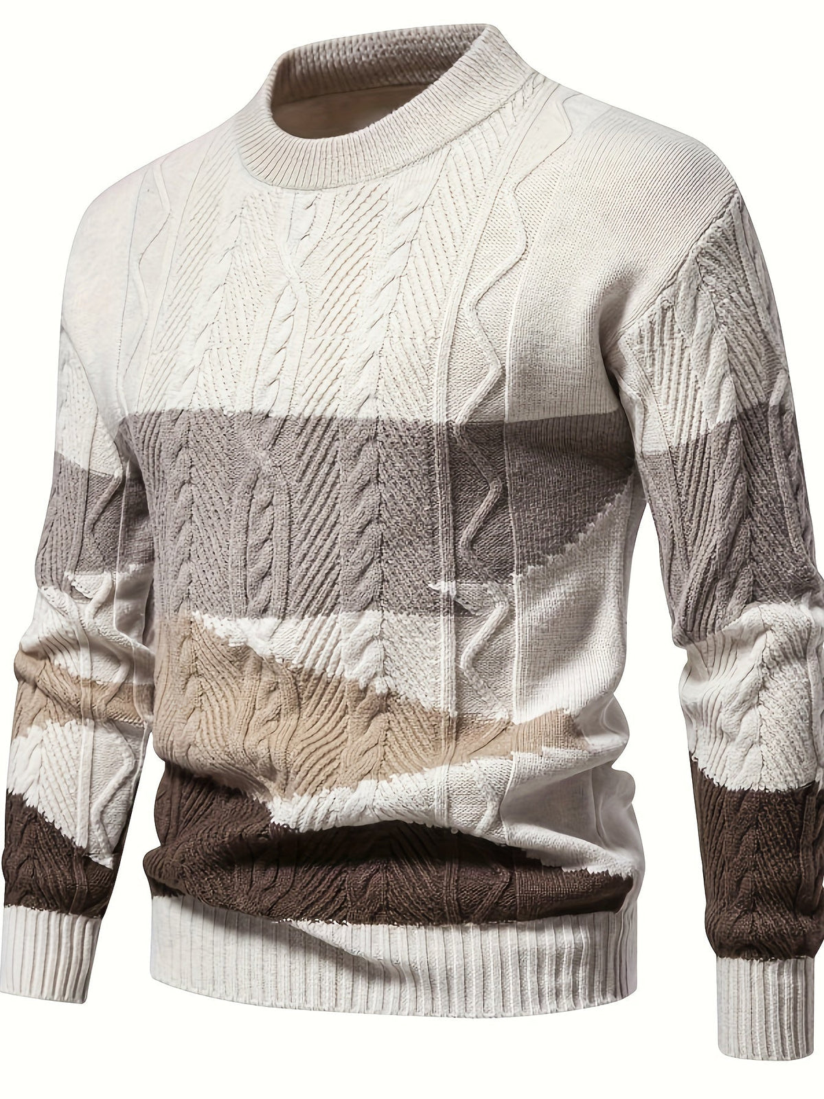Textured Cable Knit Pullover with Color Block Design and Round Neckline