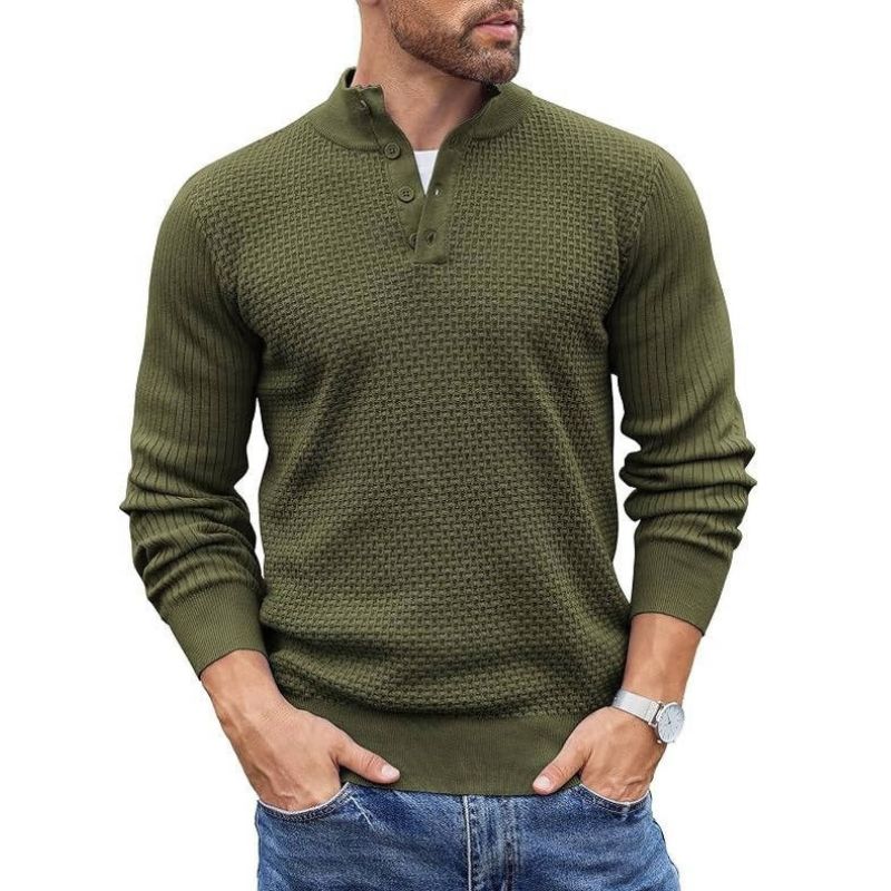 Mens Long Sleeve Henley Sweater, 4 Button Mock Neck Waffle Knit Pullover, Slim Fit Fall Winter Business Casual