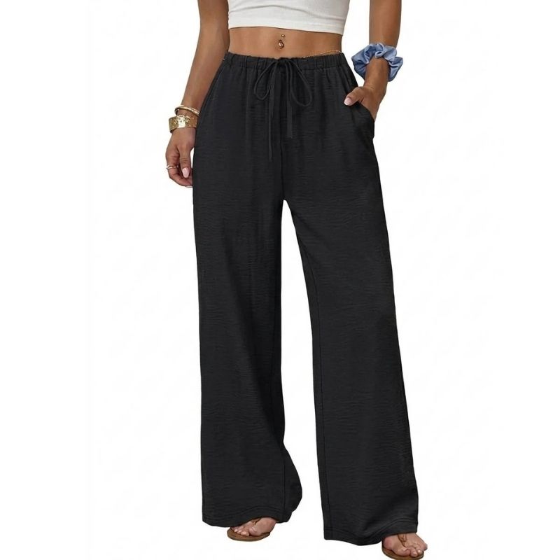 Womens Wide Leg Palazzo Pants, Flowy Drawstring Elastic Waist Trousers with Pockets for Summer, Beach and Vacation Wear