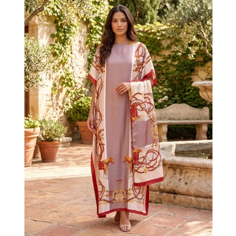 Moomoo Dresses for Women, Bohemian Printed Long Dress and Scarf Set Beach Vacation Matching Outfit