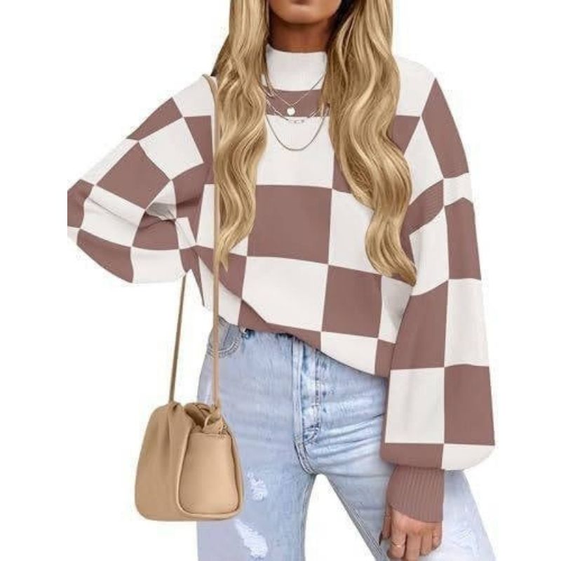 Womens Checkerboard Turtleneck Sweater - Ribbed Knit Loose Fit Pullover