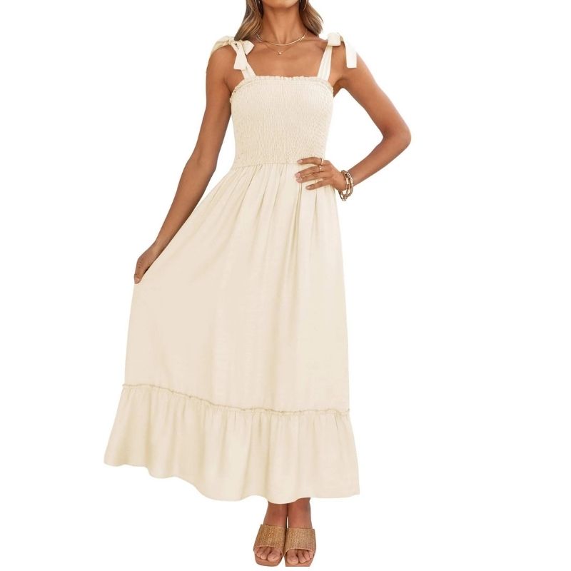 Womens Boho Maxi Dress, Square Neck Spaghetti Strap Ruffle a Line Beach Dress