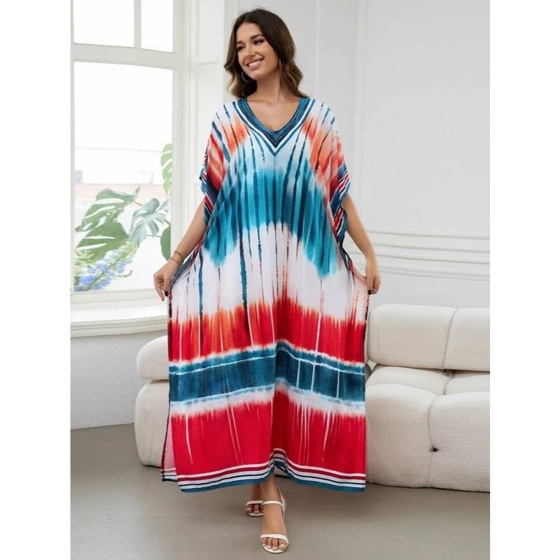 Moomoo Dresses for Women, Plus Size Loose Fit Moroccan Print V Neck Batwing Kaftan Beach Dress