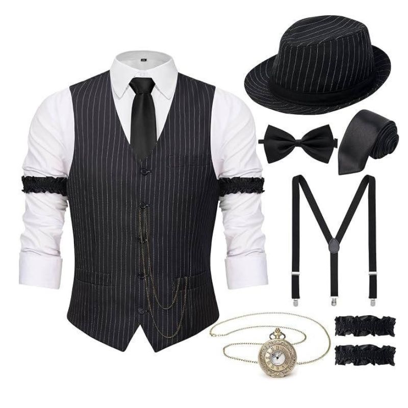 Mens 1920s Gatsby Costume, Roaring 20s Outfit, Vintage Vest and Hat Accessories