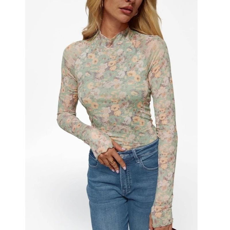 Womens Floral Lace Sheer Mesh Top - Slim Fit Lightweight Long Sleeve Top