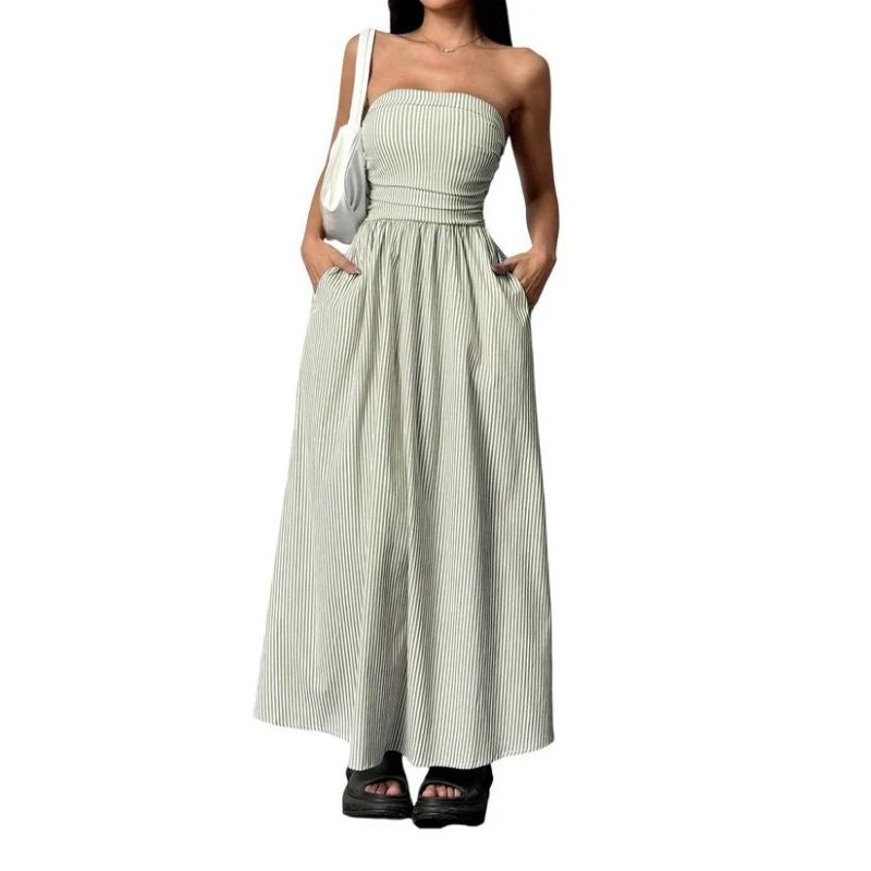 Womens Striped Strapless Maxi Dress, Casual Tube Top Summer Dress with Pockets