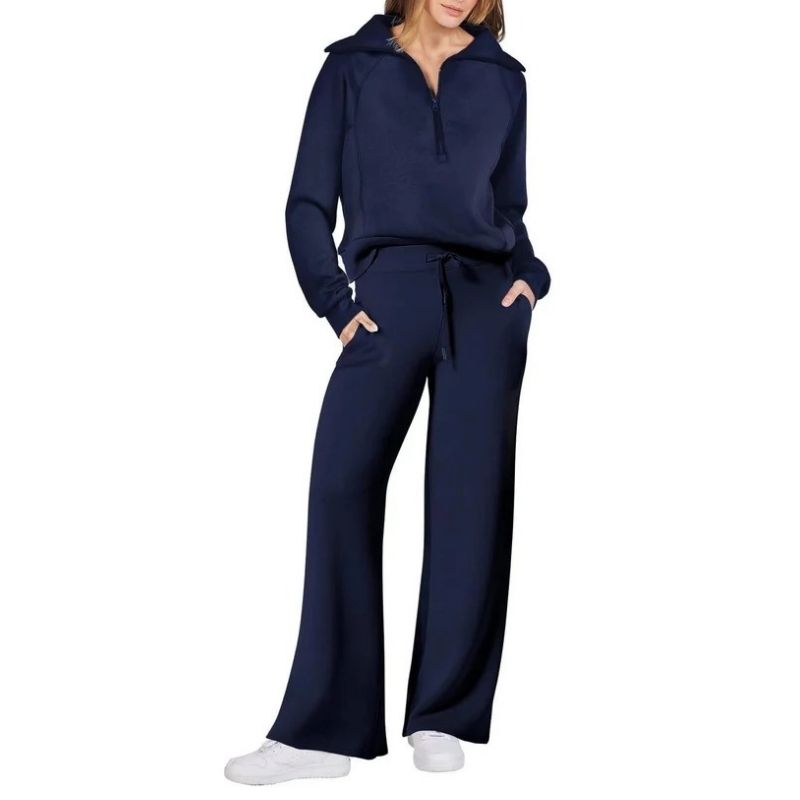 Womens 2 Piece Outfits, Casual Lapel Half Zip Sweatshirt and Wide Leg Pants Tracksuit Set