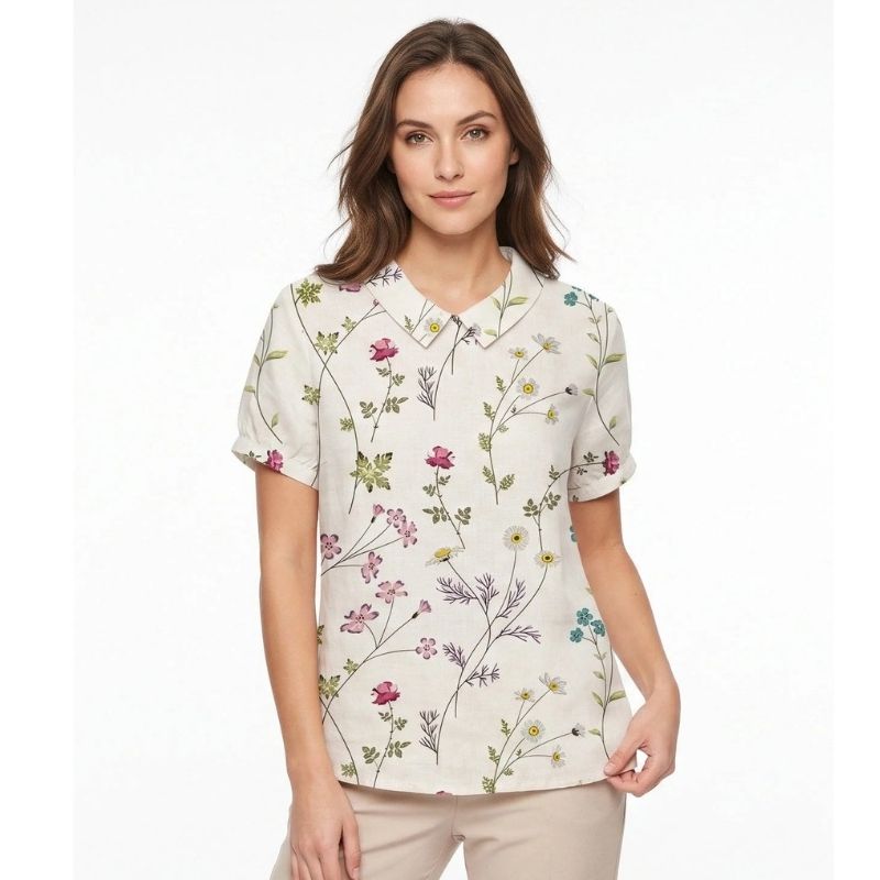 Womens Floral Print Linen Blouse, Vintage Peter Pan Collar Short Sleeve Shirt, Casual Lightweight Prairie Tops