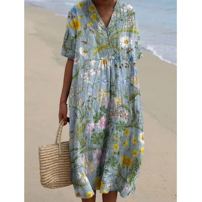 Womens Cotton Maxi Dress, Floral V Neck Short Sleeve Oversized Casual Midi Dress