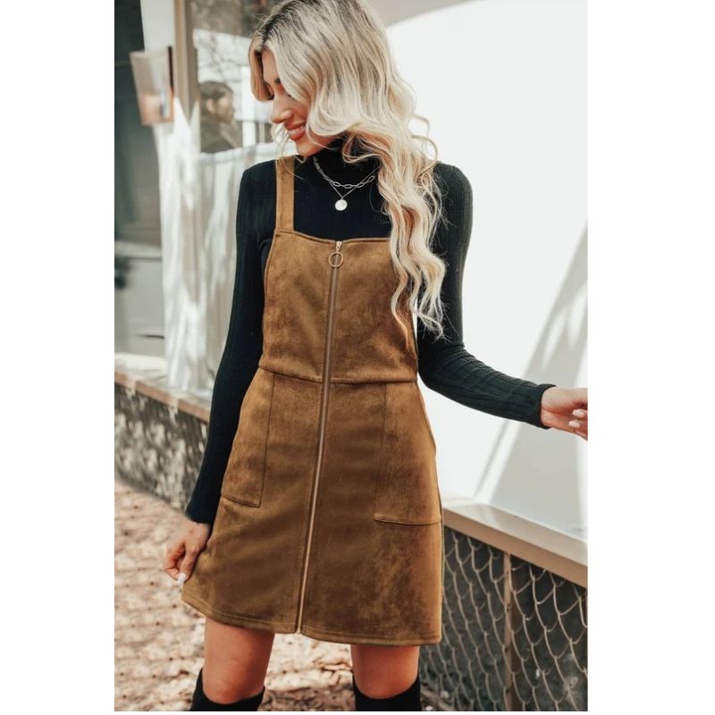 Womens Faux Suede Mini Fall Dress, Square Neck Wide Strap Casual Autumn Dress with Front Pockets