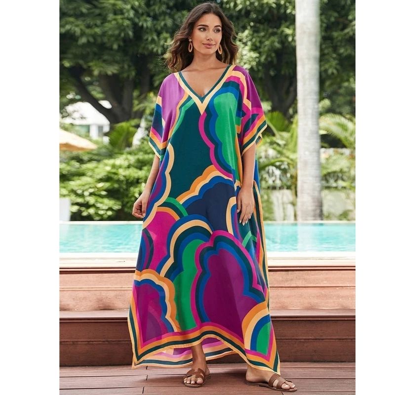 Moomoo Dresses for Women, Plus Size Loose Fit Moroccan Print V Neck Batwing Kaftan Beach Dress