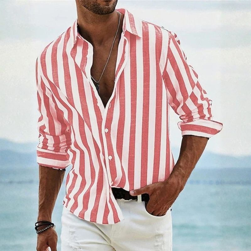 Mens Vertical Striped Button Down Shirt, Lightweight Breathable Summer Shirt, Regular Fit Casual Shirt