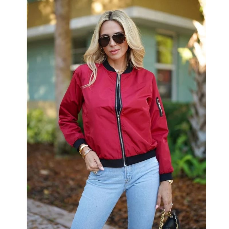 Womens Bomber Jacket, Zip Up Casual Coat with Pockets, Spring Fall Outerwear