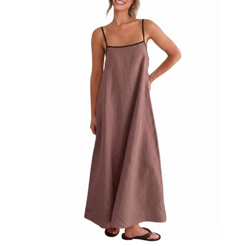 Womens Linen Maxi Dress, Contrast Spaghetti Strap Backless Summer Beach Dress