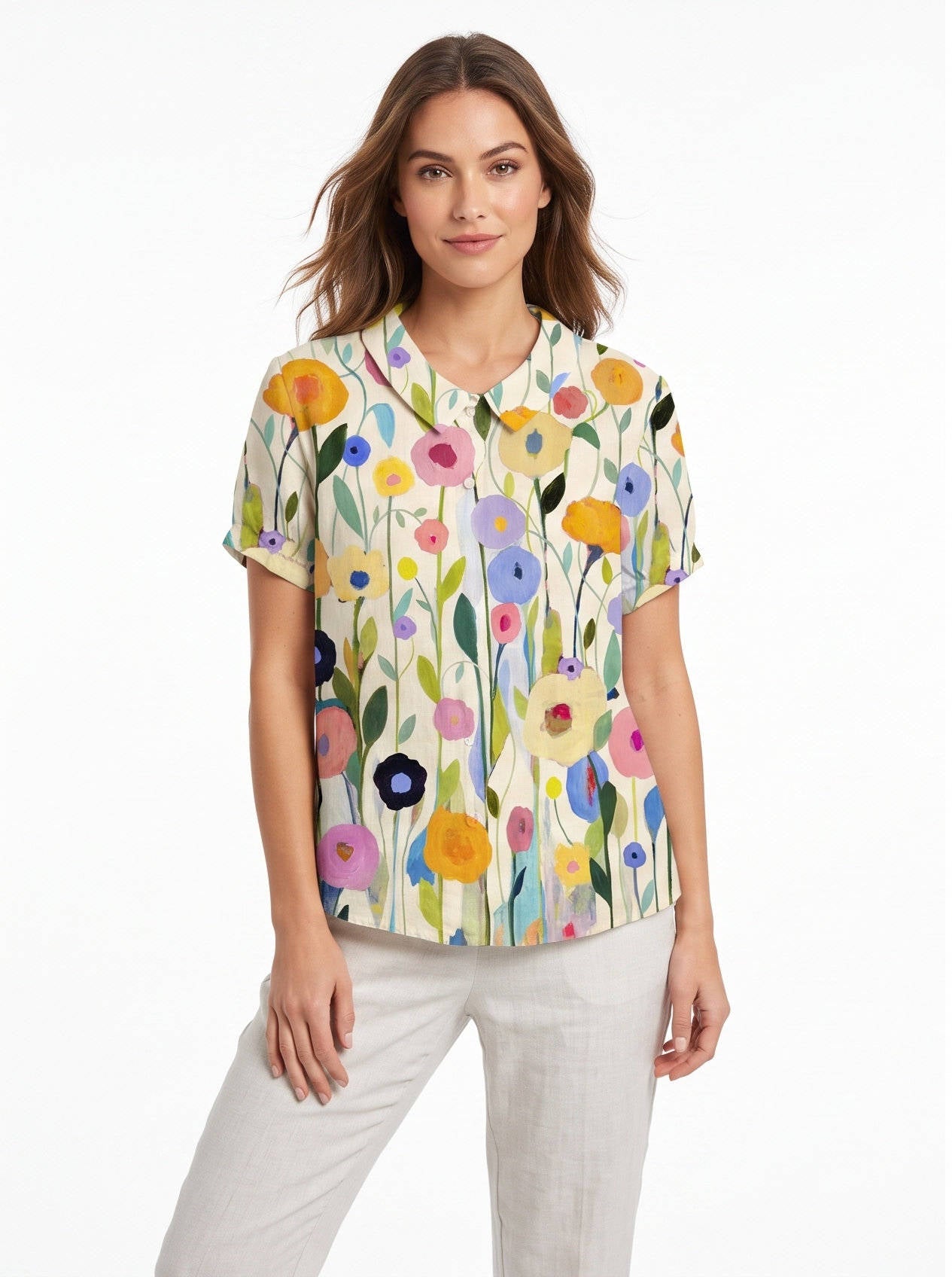 Women's Floral Print Linen Blouse, Vintage Peter Pan Collar Short Sleeve Shirt, Casual Lightweight Prairie Tops