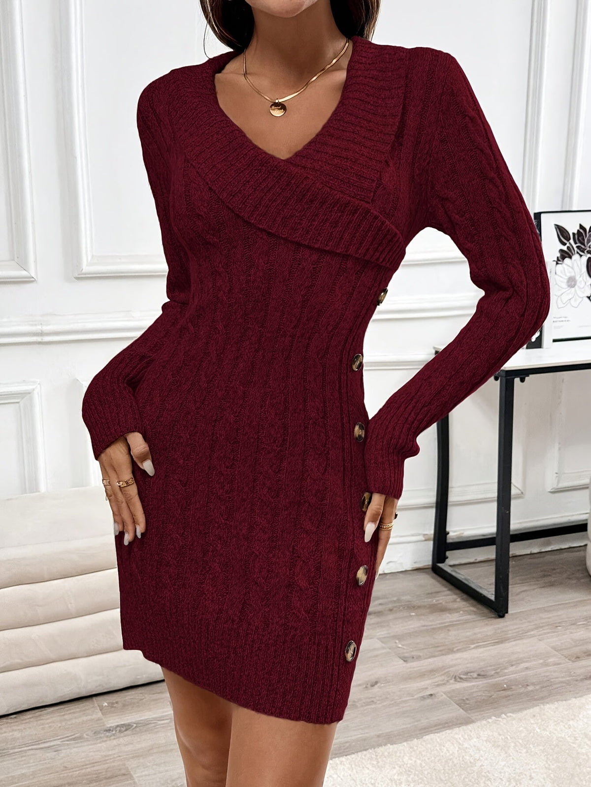 Cable Knit Midi Dress with Crossover V-Neckline and Side Button Closure
